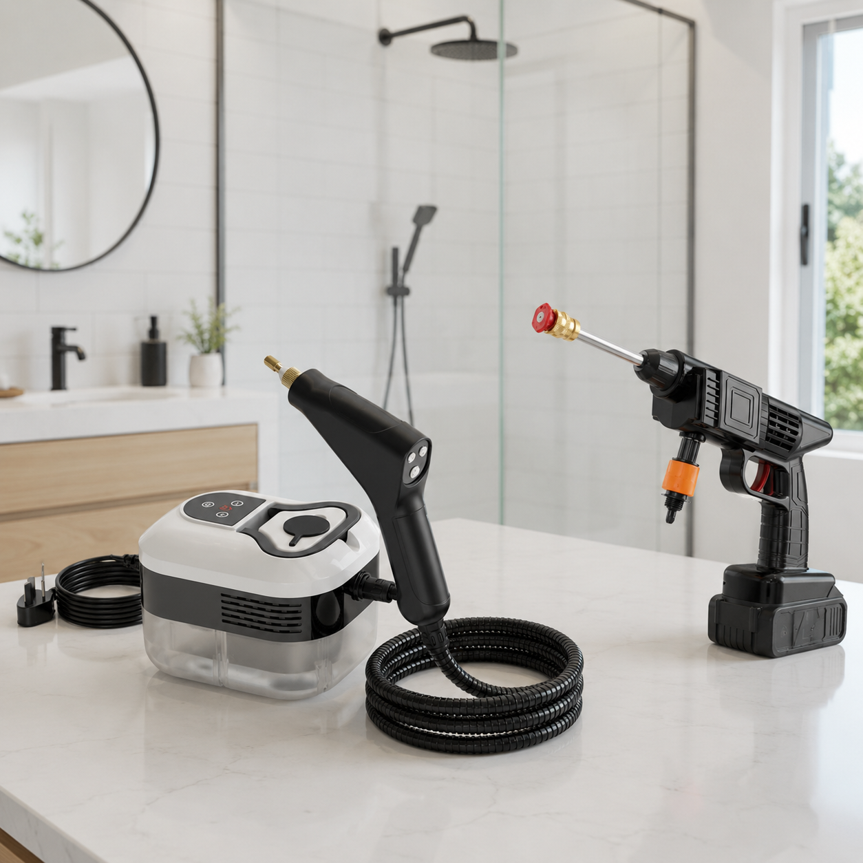 DEMOOXA TotalClean Bundle a fürdőszobában – gőztisztító és nagynyomású tisztító